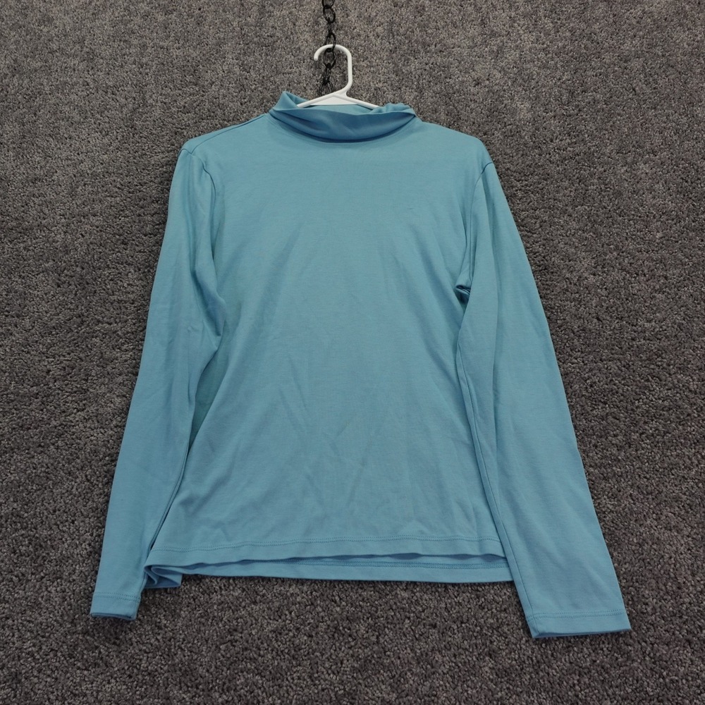 LL Bean Mock Neck Top Womens Large Blue Pima Cotton Long Sleeve Casual